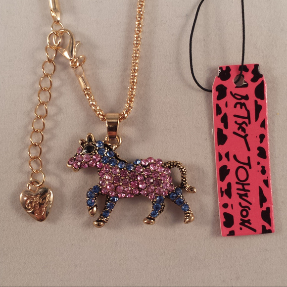 Betsey Johnson Horse Crystal Blue Pink Gold Crystal Necklace - Picture 1 of 3